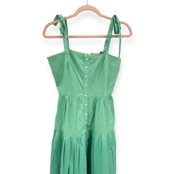 Oliphant NEW‎ Tie Strap Button Cotton Poplin Midi Dress in Ombre Green - Size XS